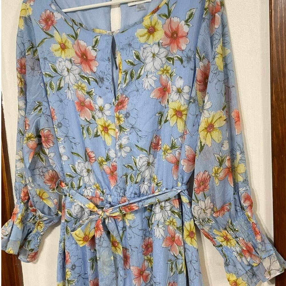 Calvin Klein Blue Belted Ruffle Hem Floral Dress Size 12 Large Gathered Sleeves - Picture 3 of 8